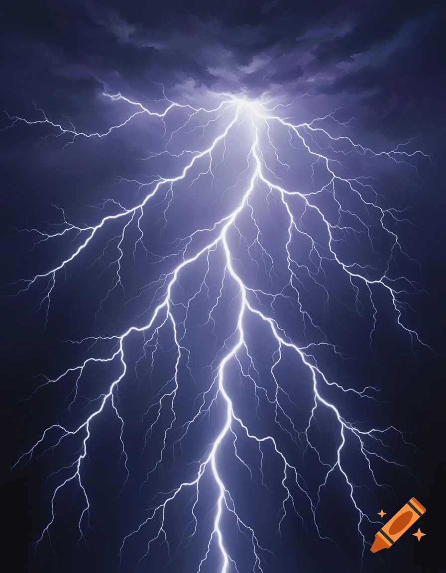 Bright, branched lightning striking down from dark storm clouds in a dramatic night sky.