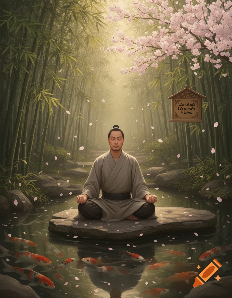 A man meditates on a rock in a koi pond amidst a bamboo forest and cherry blossoms, with a sign in a serene, illustrative style.
