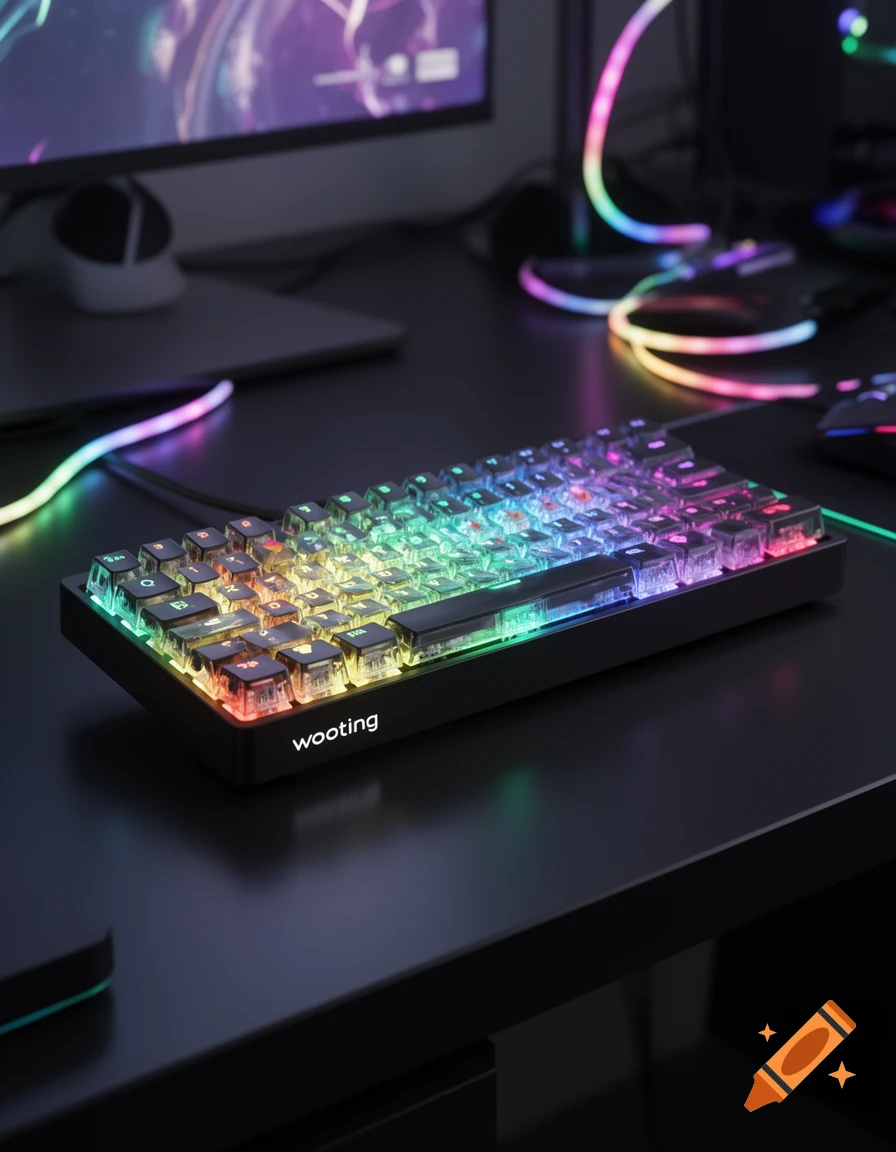 A vibrant RGB mechanical keyboard on a dark desk with a monitor showing a colorful display and glowing accent lights.