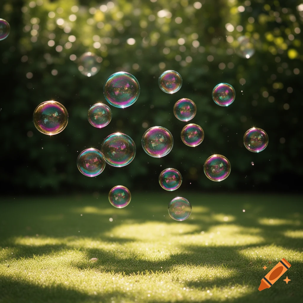 Numerous iridescent soap bubbles float over a sunlit green lawn with a blurred dark green background.