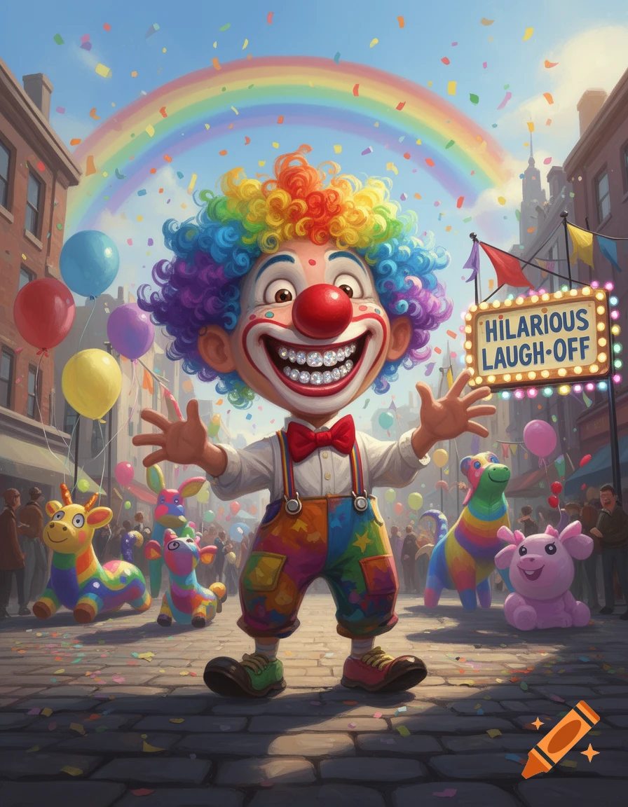 A cheerful, cartoon clown with a huge smile and rainbow hair stands in a vibrant street festival with confetti, balloons, and a rainbow.
