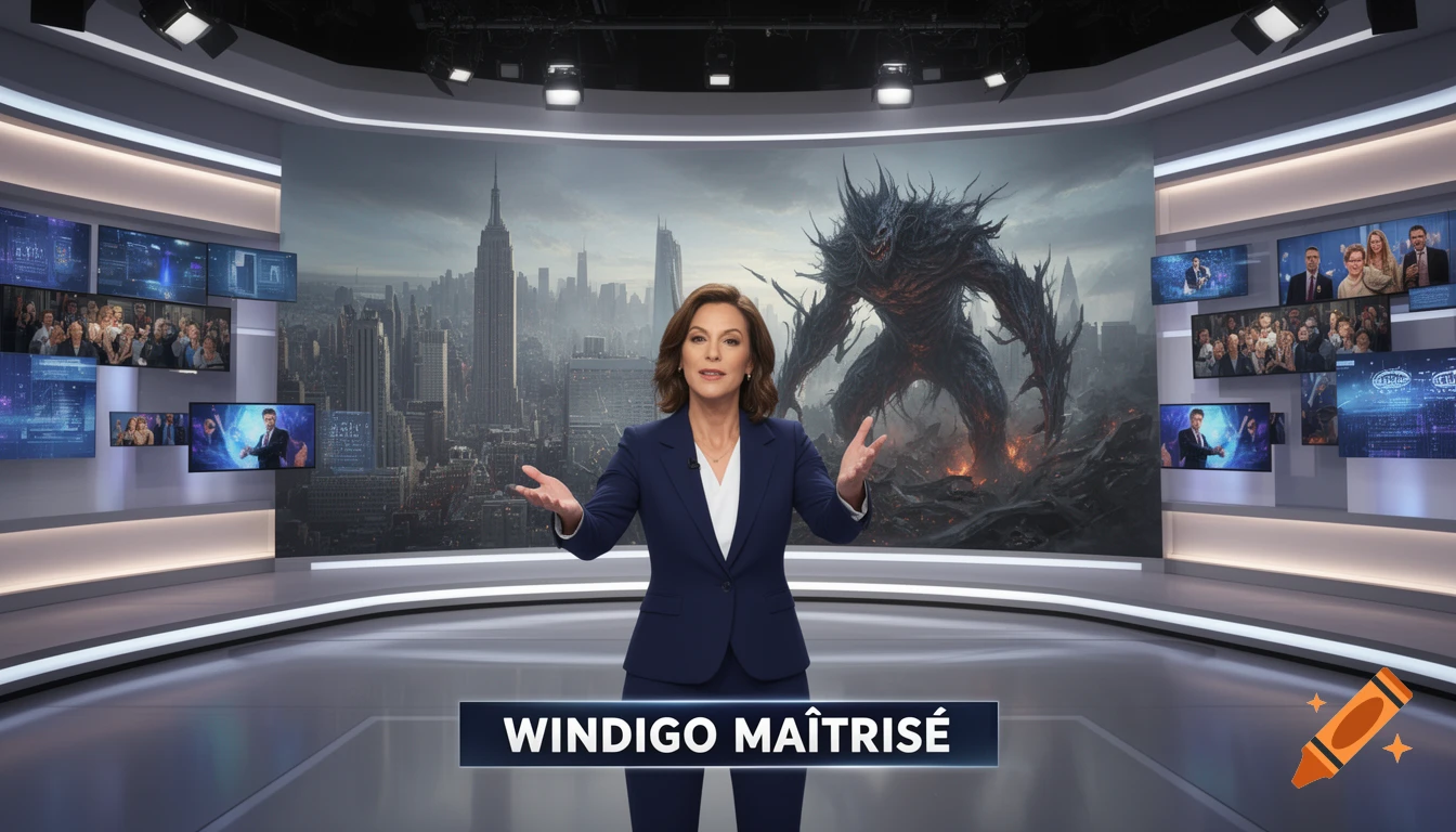 A news anchor reports live in a studio, with a large screen showing a monstrous Windigo in a destroyed New York City, and the text "WINDIGO MAÎTRISÉ" below.