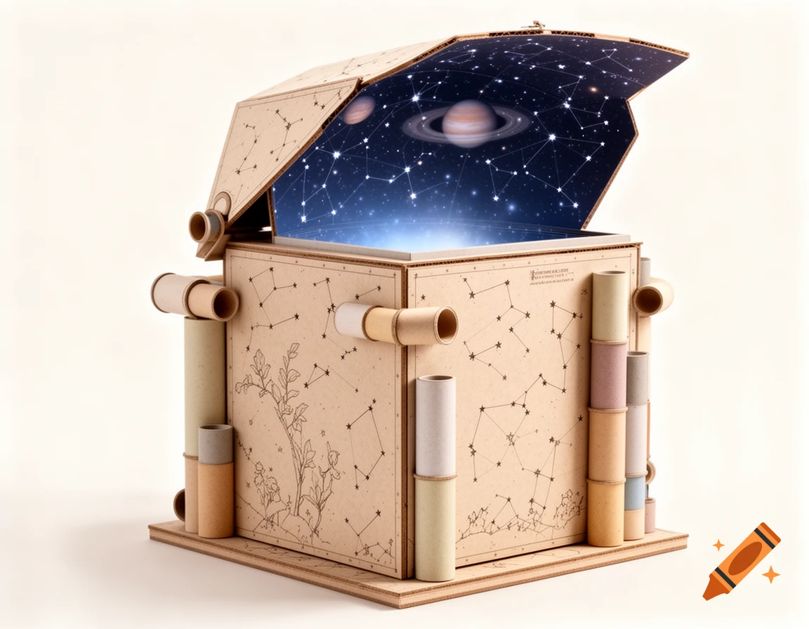 An artistic cardboard model of a house, opening to reveal a starry night sky with planets, featuring exterior constellation drawings and tubes.