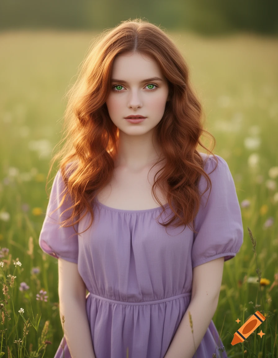 A photorealistic portrait of a young woman with long wavy red hair and ...