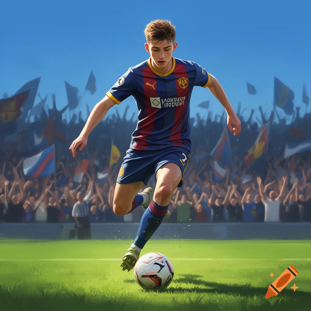 A young soccer player in a blue and red jersey dribbles a ball on a green field before a cheering stadium crowd.