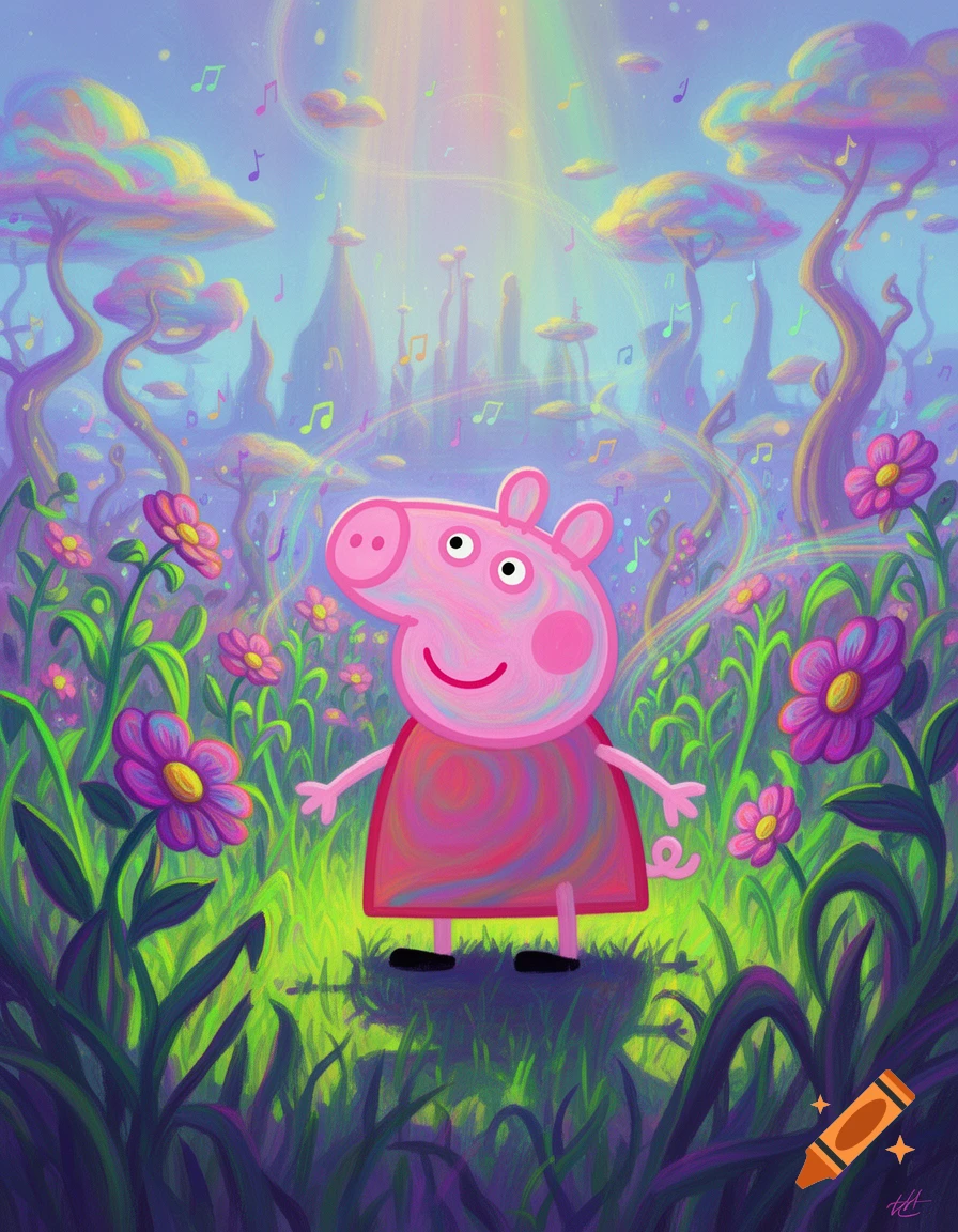Peppa Pig stands in a vibrant, psychedelic flower field with whimsical trees and musical notes under a rainbow-colored sky.