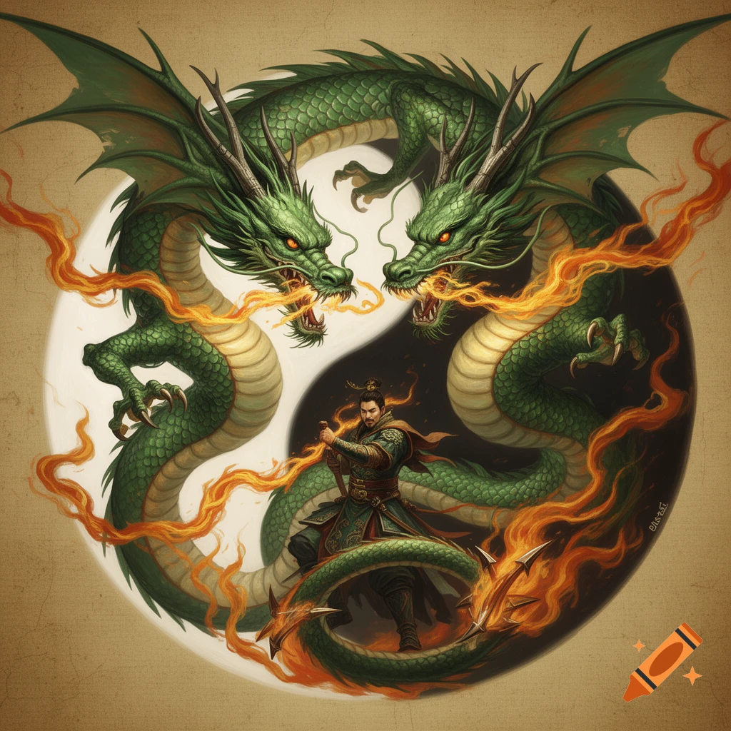 Two green fire-breathing dragons form a yin-yang symbol around a Chinese warrior with a sword.