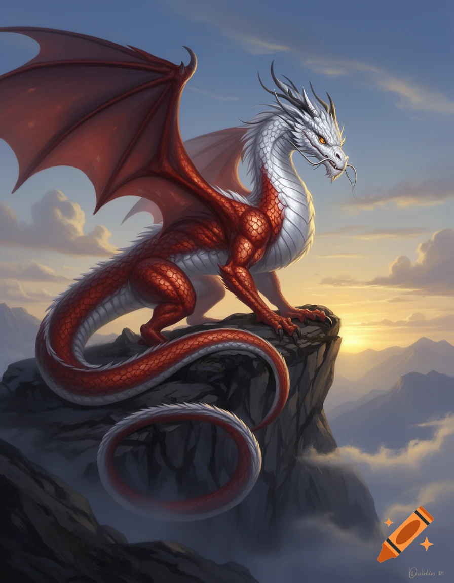 A majestic red and white dragon with large wings perches on a rocky ...
