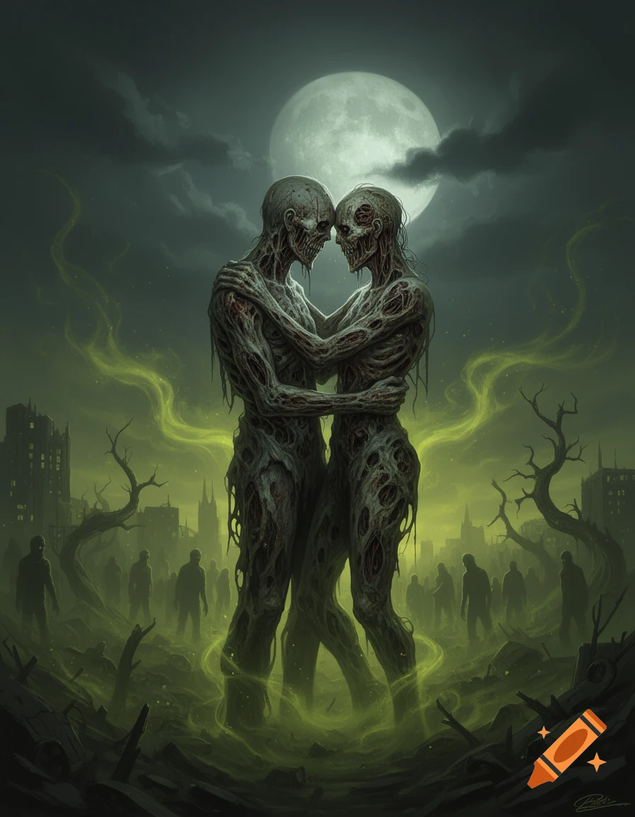 Two decaying zombies embrace amidst a glowing green mist in a desolate, moonlit cityscape filled with other zombies.