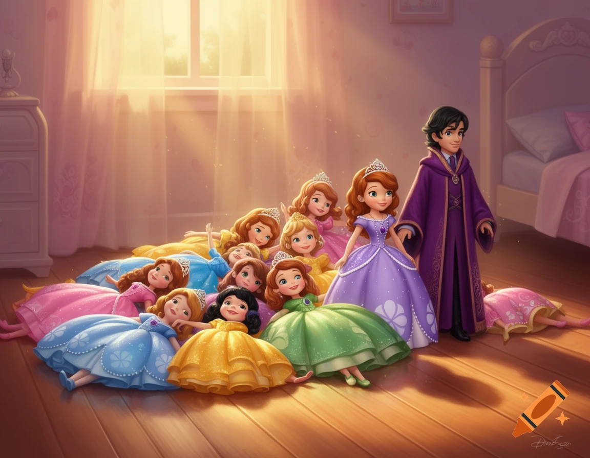 Numerous colorful princess dolls and a male wizard doll on a sunny bedroom floor, in a vibrant animated style.