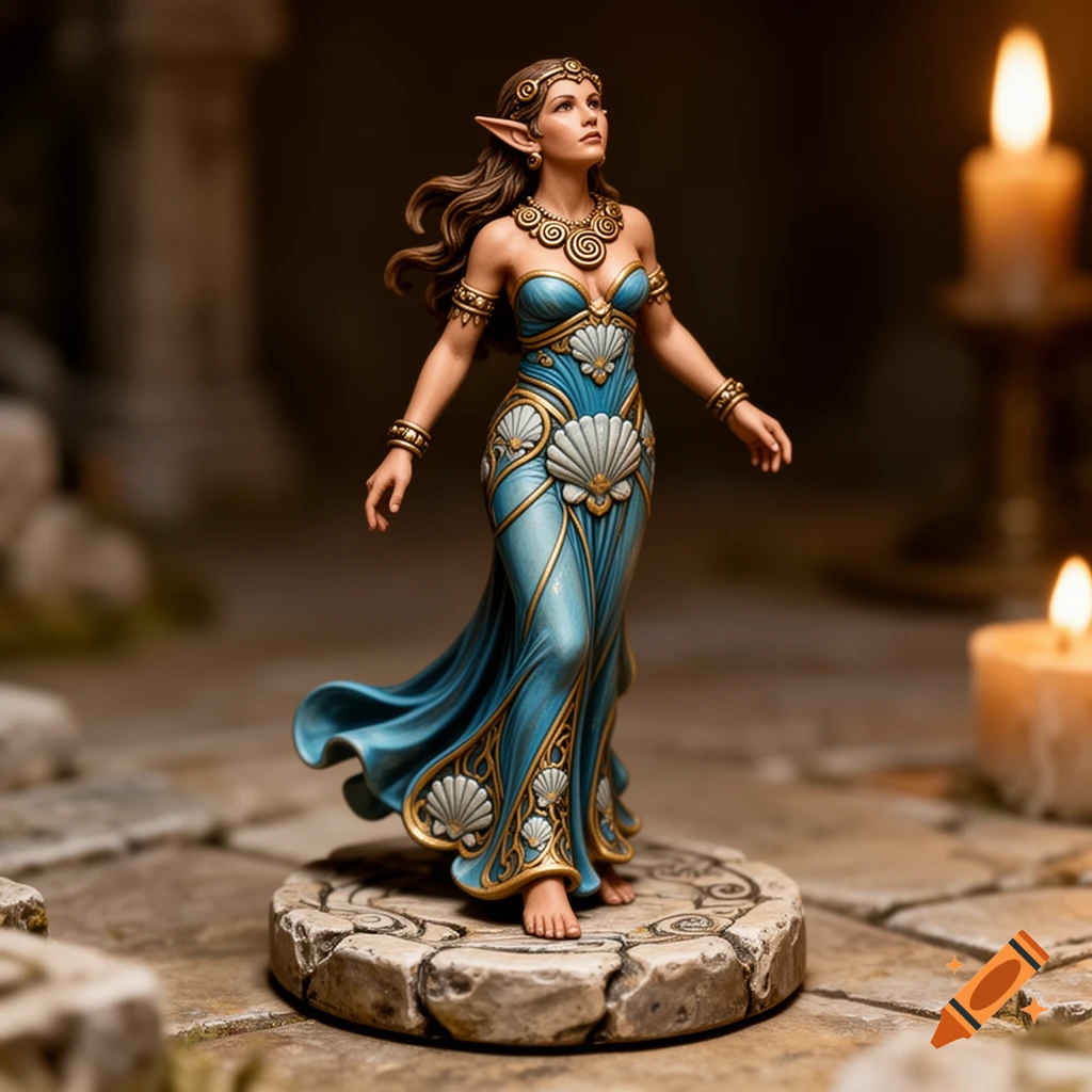 A detailed fantasy miniature of an elf-like woman in a blue and gold shell-patterned dress, standing on a stone base, with glowing candles in the background.