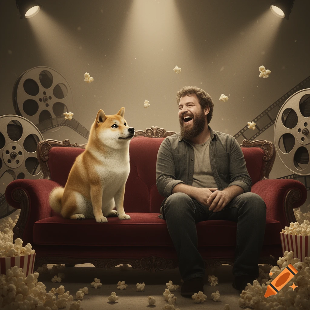 A man and a Shiba Inu dog sit on a red couch, laughing amidst scattered popcorn and film reels, under spotlights.
