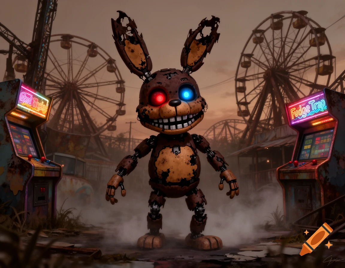 A creepy, damaged animatronic rabbit with glowing red and blue eyes ...