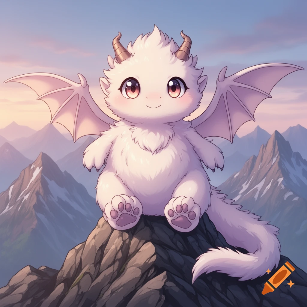 A super cute fluffy white winged dragon with small horns sits on a ...