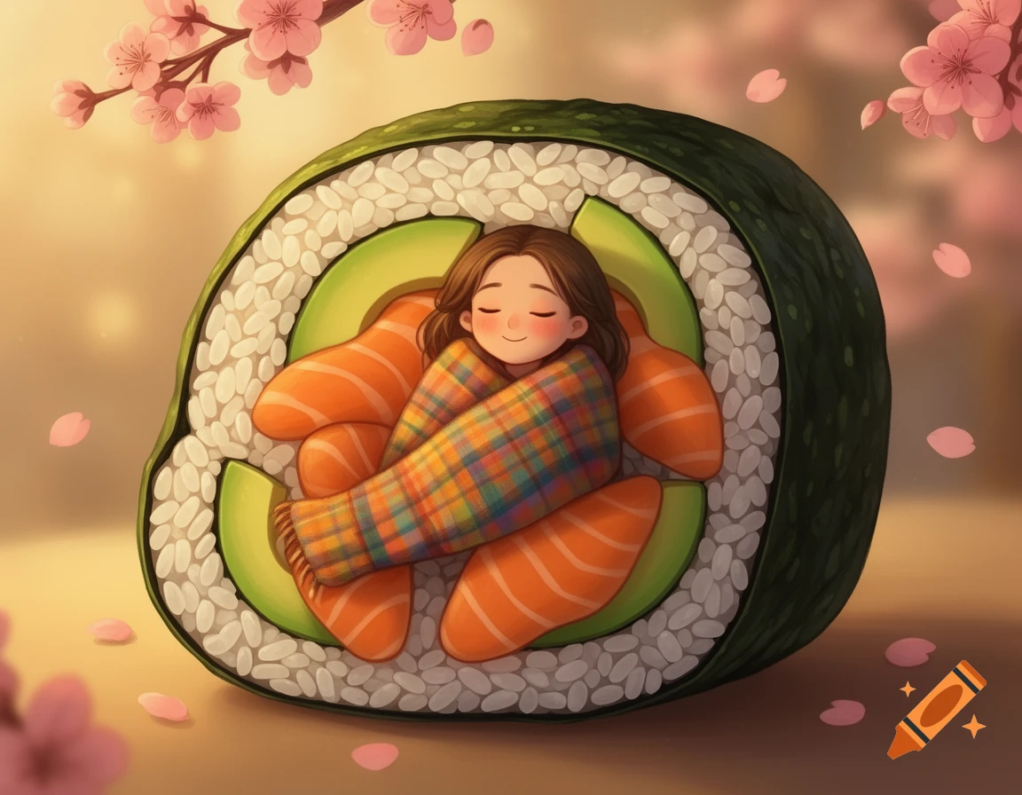 Stylized illustration of a person wrapped in a plaid blanket inside a giant sushi roll with salmon and avocado, under cherry blossoms.