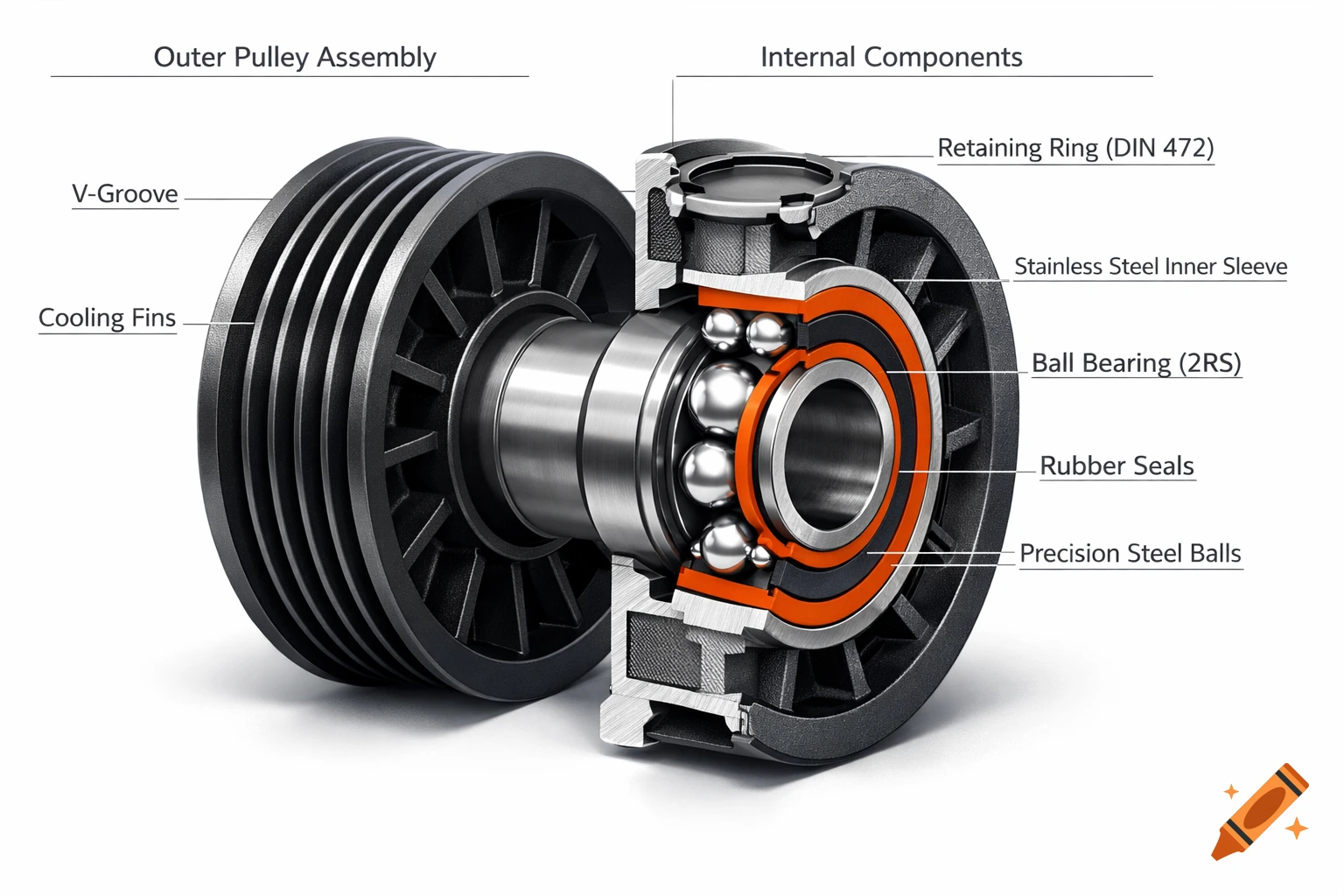 A detailed, labeled cross-section of a hybrid V-belt pulley, showing its outer assembly and internal components like a ball bearing, rubber seals, and inner sleeve.
