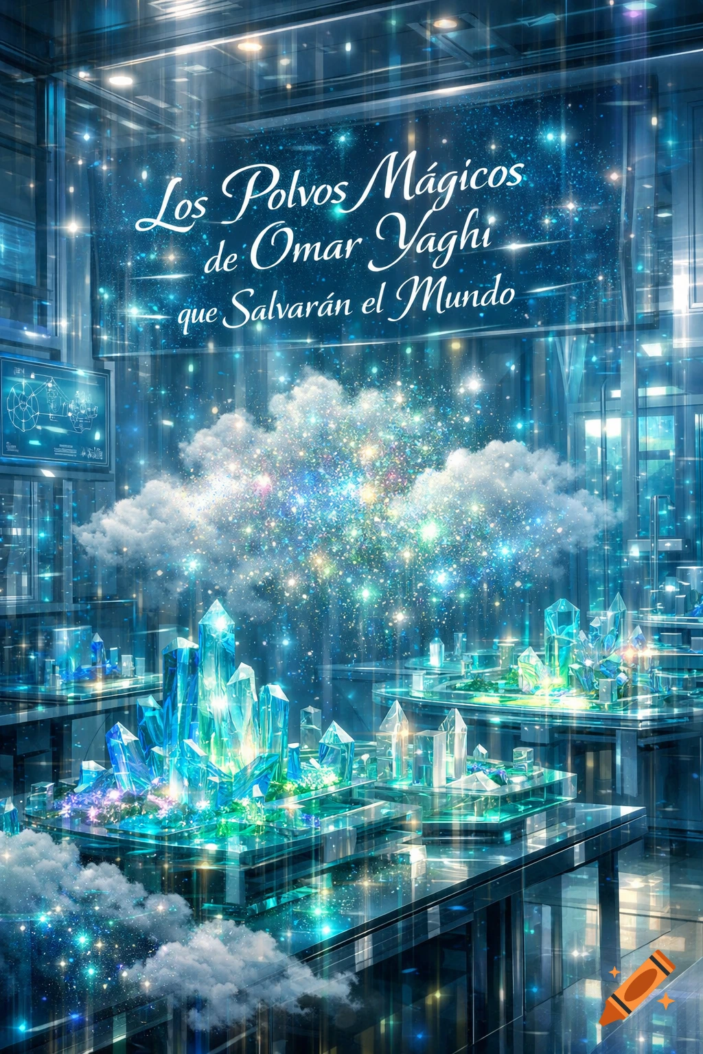 Glowing blue and green crystals in a futuristic lab with starry dust, clouds, and text 'Los Polvos Mágicos de Omar Yaghi que Salvarán el Mundo'.
