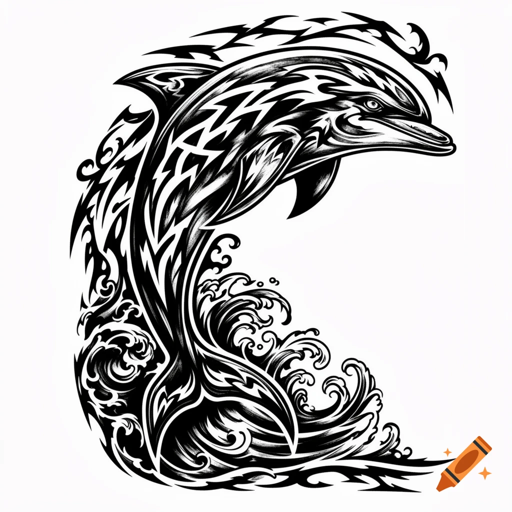 A black and white tribal art style dolphin tattoo stencil, featuring sharp, intricate patterns and swirling waves.