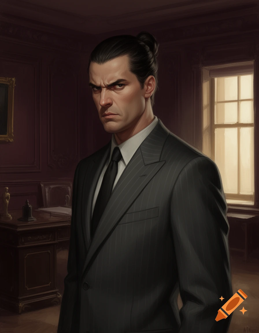 A stern man with a bun, wearing a pinstripe suit, stands in a dimly lit, richly decorated room.