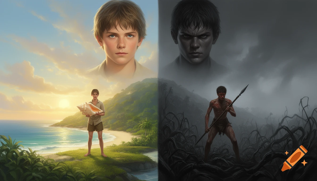 A split image shows a boy in a tranquil island setting holding a conch on the left, and a primal, aggressive boy with a spear in a dark, chaotic landscape on the right. Overhead, a calm portrait of the first boy contrasts with an angry portrait of the second.