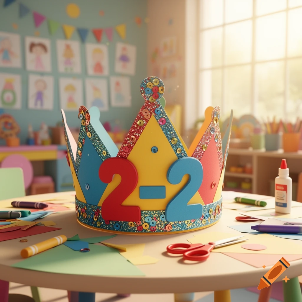 A vibrant paper crown with '2-2' on it, surrounded by craft supplies on a table in a sunlit kindergarten classroom.