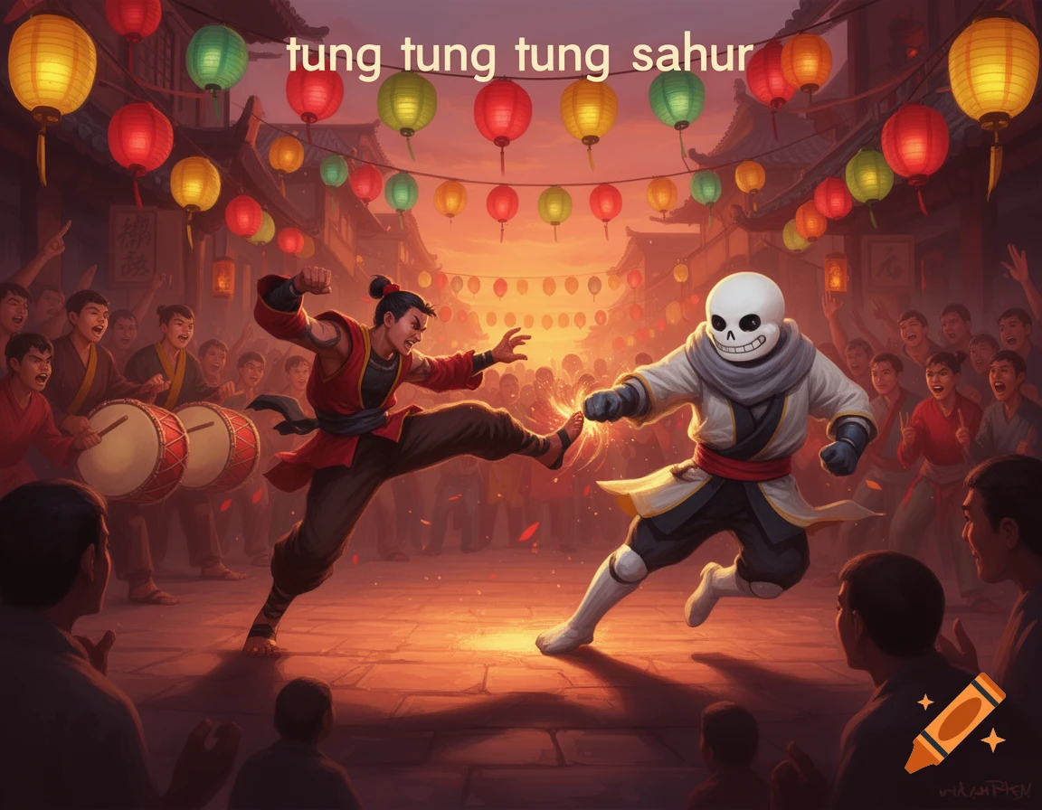 Martial artist kicking Sans from Undertale amidst a cheering crowd at a vibrant lantern festival.