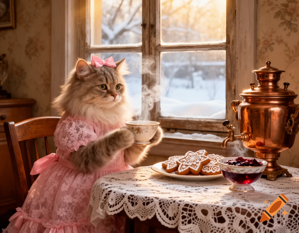 A fluffy cat in a pink lace dress with a bow drinks steaming tea at a table with gingerbread and a samovar, sunlight streaming through a snowy window.