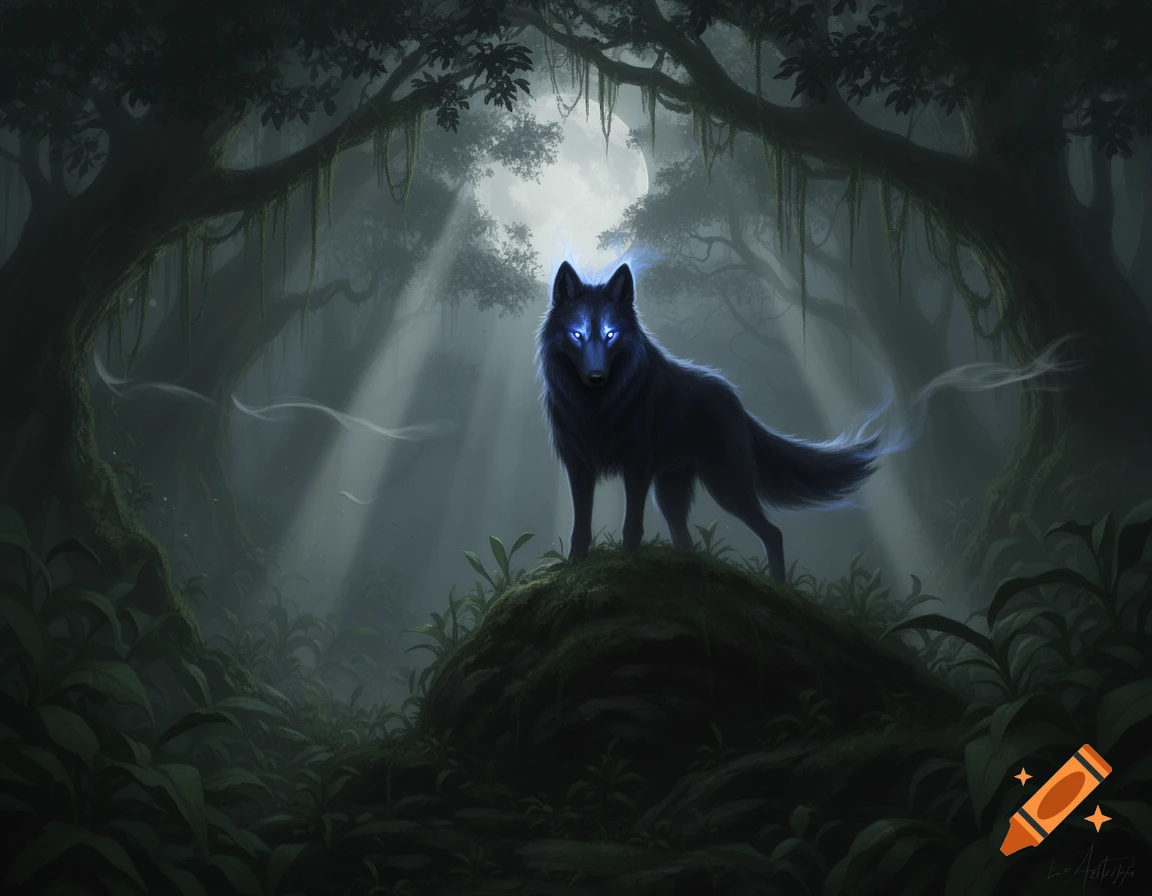 A black wolf with glowing blue eyes stands on a mossy rock in a dark, mystical forest with light beams.