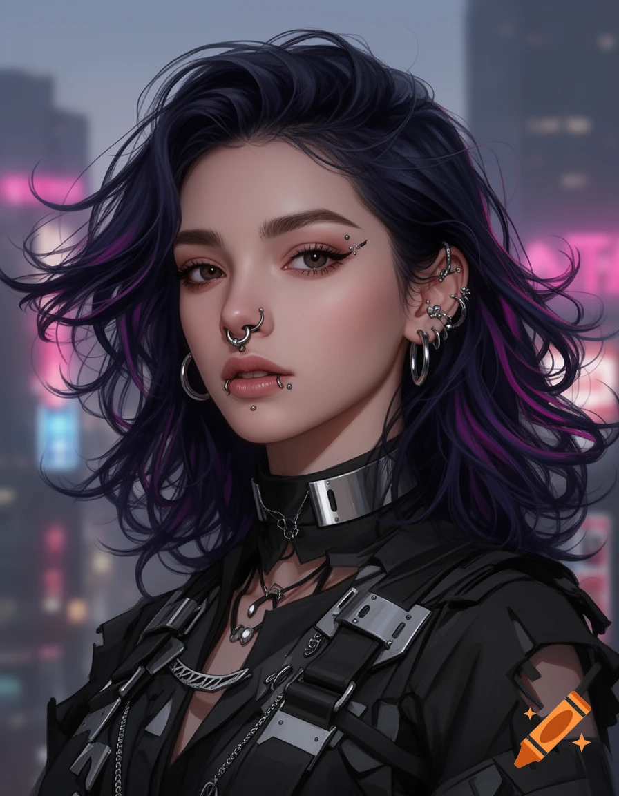 A close-up digital art portrait of a woman with dark hair, purple streaks, and numerous facial and ear piercings, wearing a black top with metallic details, against a blurred neon city background.