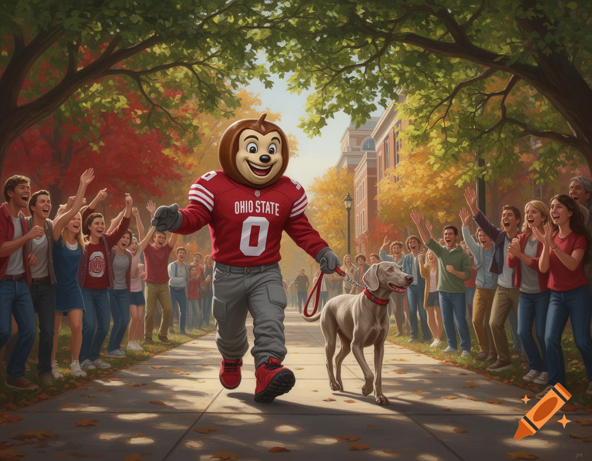 Brutus the Buckeye mascot walks a Weimaraner dog down an autumn campus path, cheered on by a crowd of students.