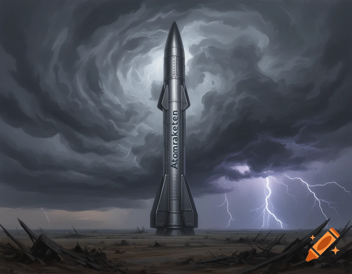 A tall, silver rocket with 'Atomraketen' inscribed stands in a desolate, stormy landscape under lightning strikes, digital art.