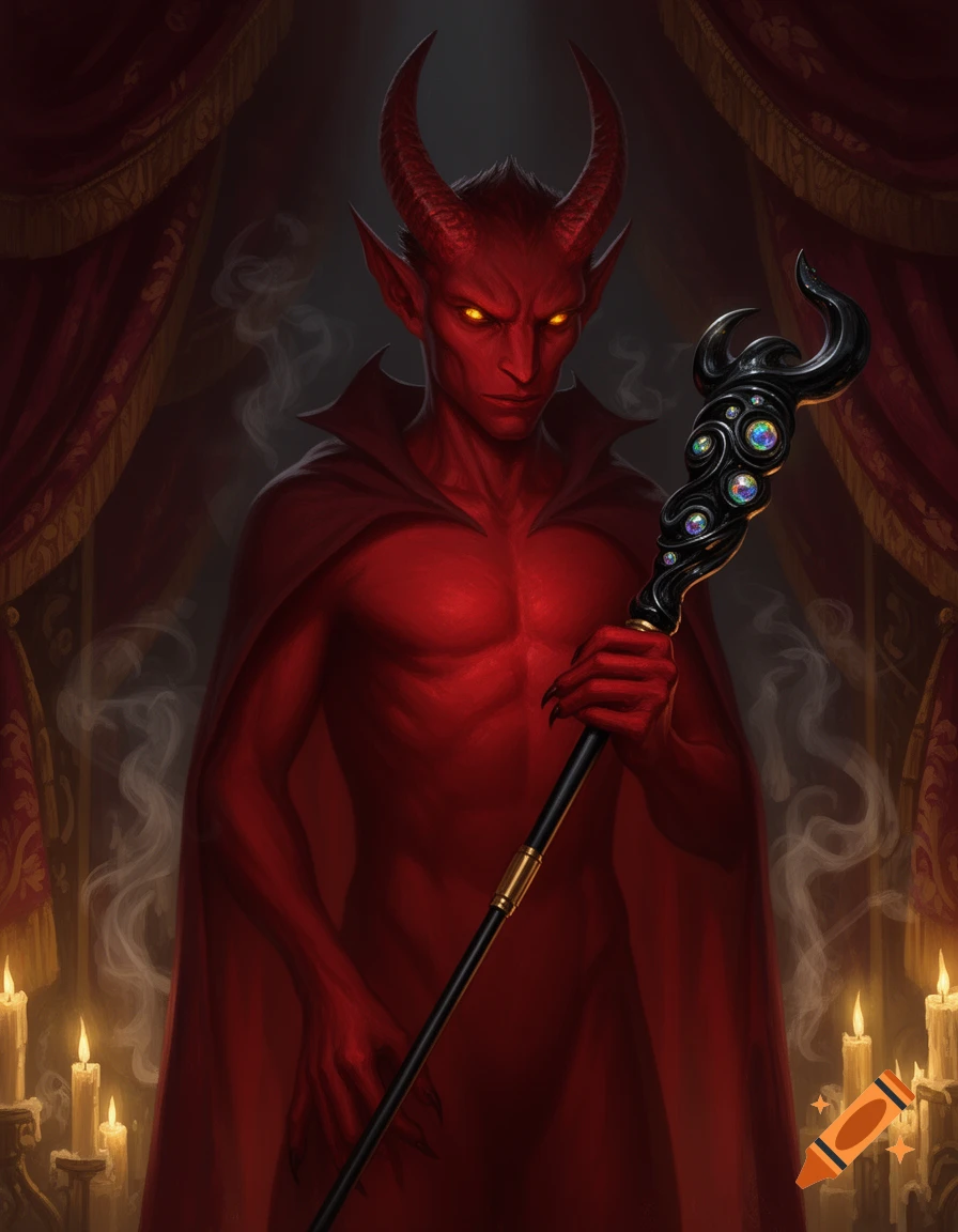 A red-skinned devil with horns and glowing eyes, wearing a red cape, holds an ornate black staff in a dark fantasy setting with red curtains and candles.