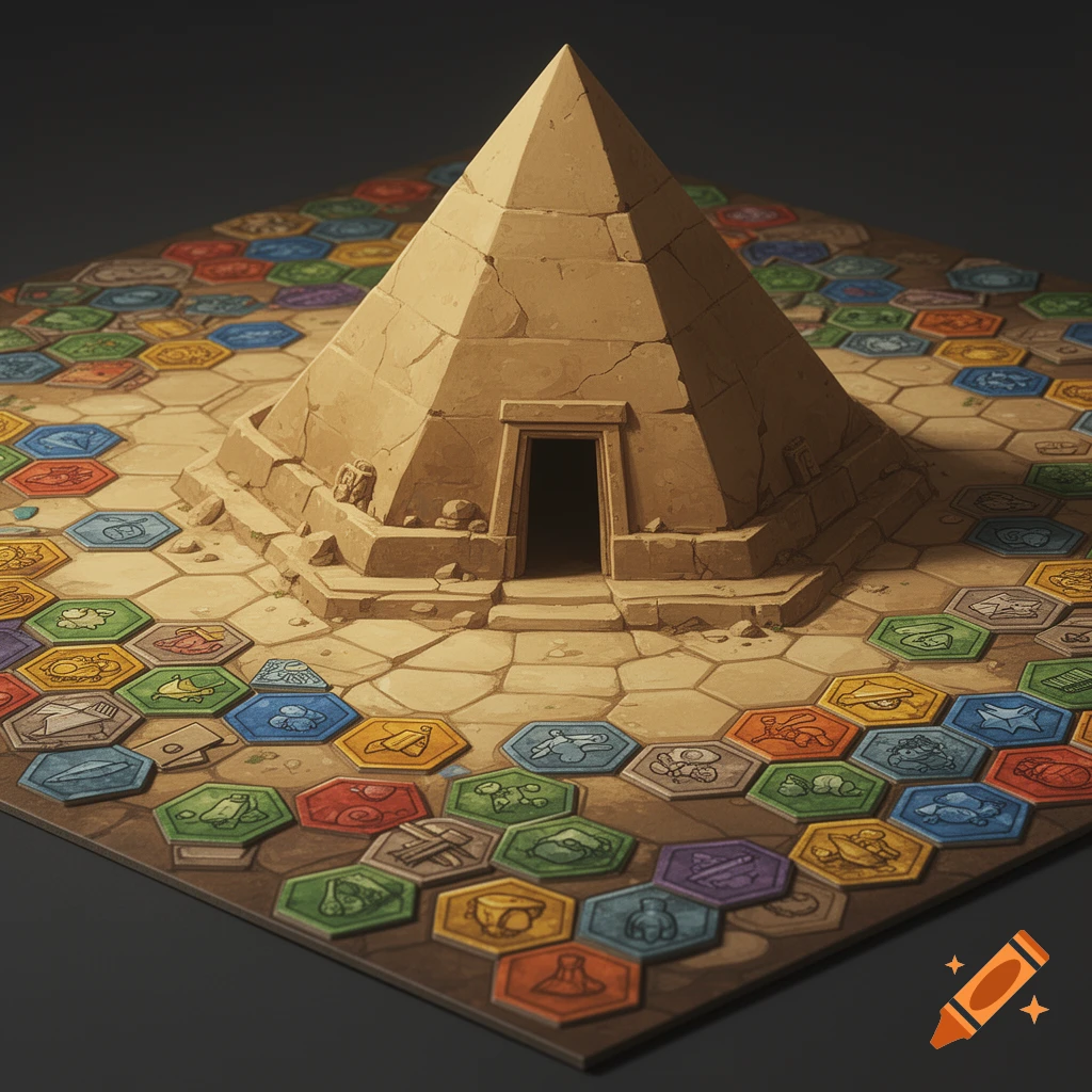 A stylized tabletop board game featuring a stone pyramid with a doorway, surrounded by colorful hexagonal tiles with diverse symbols.