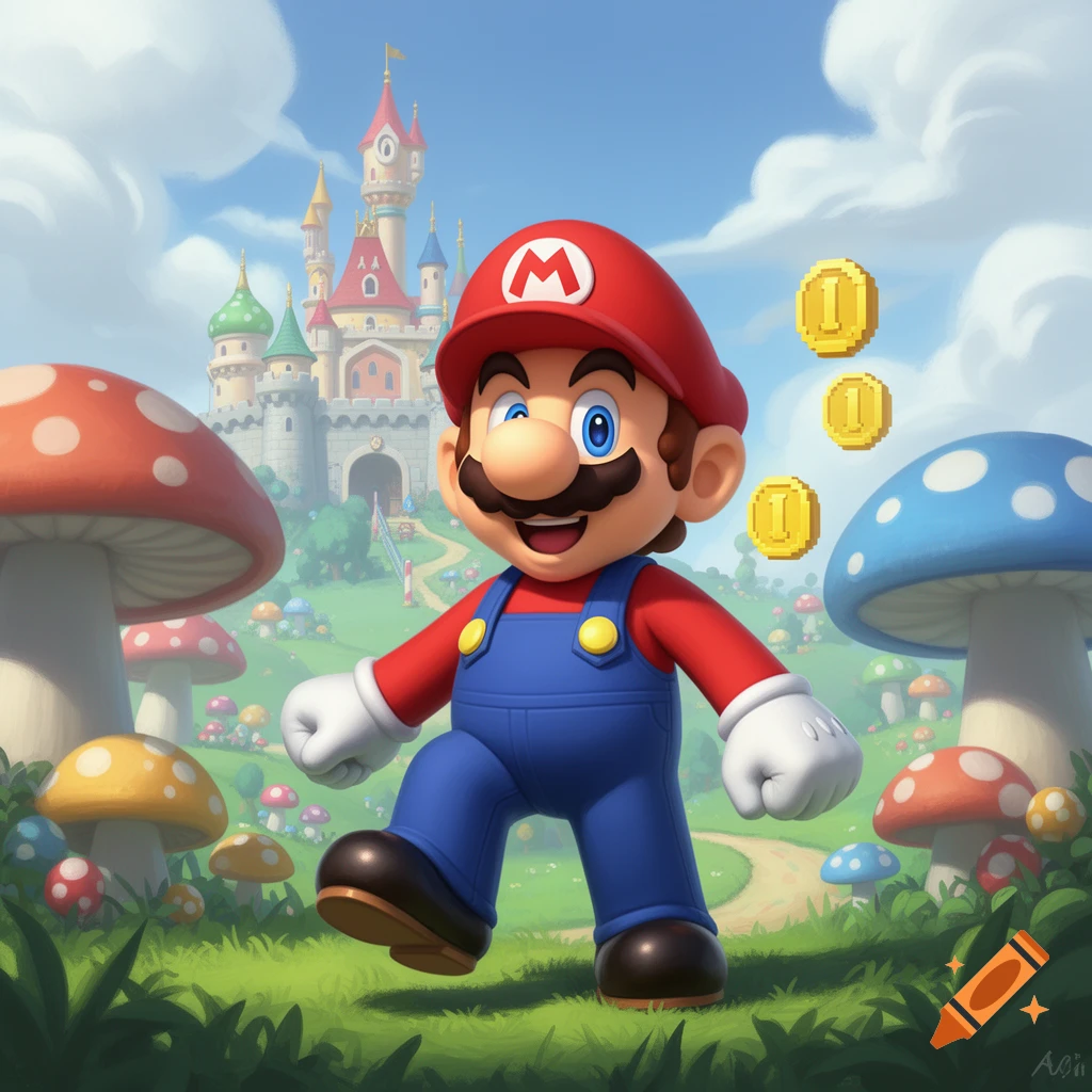 Super Mario walks in a vibrant fantasy landscape with a colorful castle ...