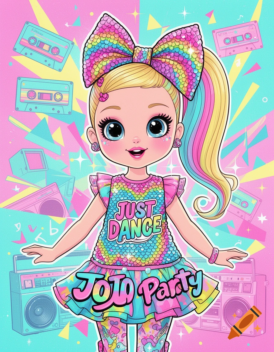 Colorful cartoon doll resembling Jojo Siwa with a large rainbow bow and sequined outfit, set against a vibrant 90s background.