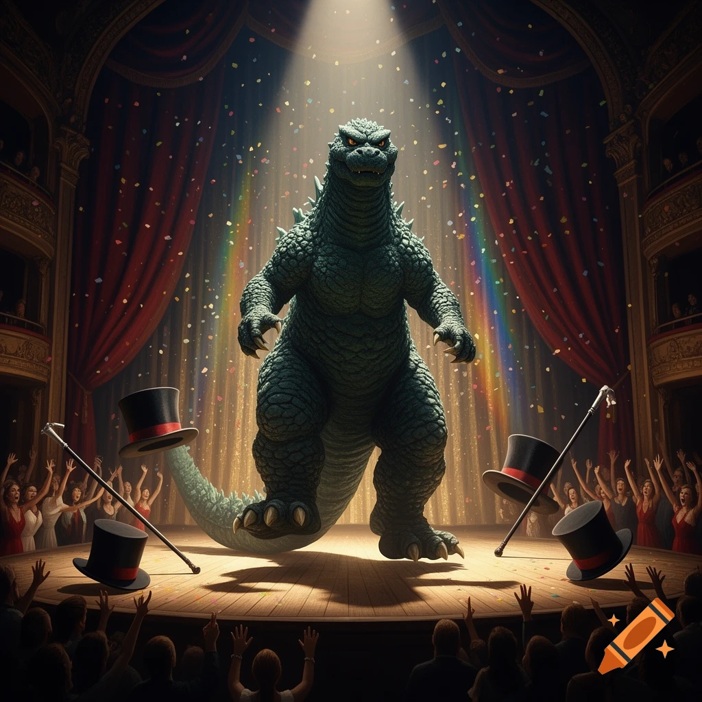 Giant Godzilla stands center stage under a spotlight, surrounded by falling confetti, top hats, and an audience in a grand theater.