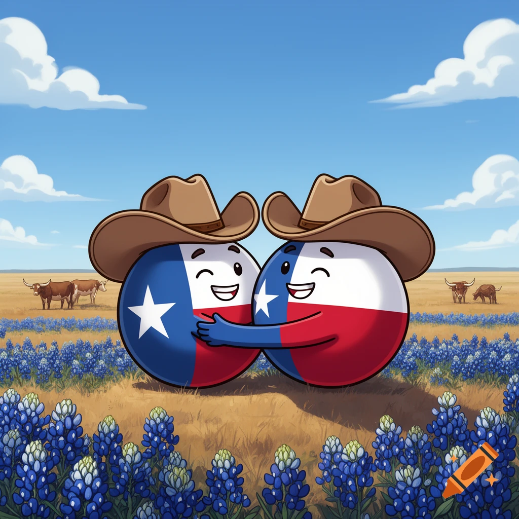 Two smiling Texas countryball characters in cowboy hats hug in a bluebonnet field under a blue sky with longhorns. Cartoon.