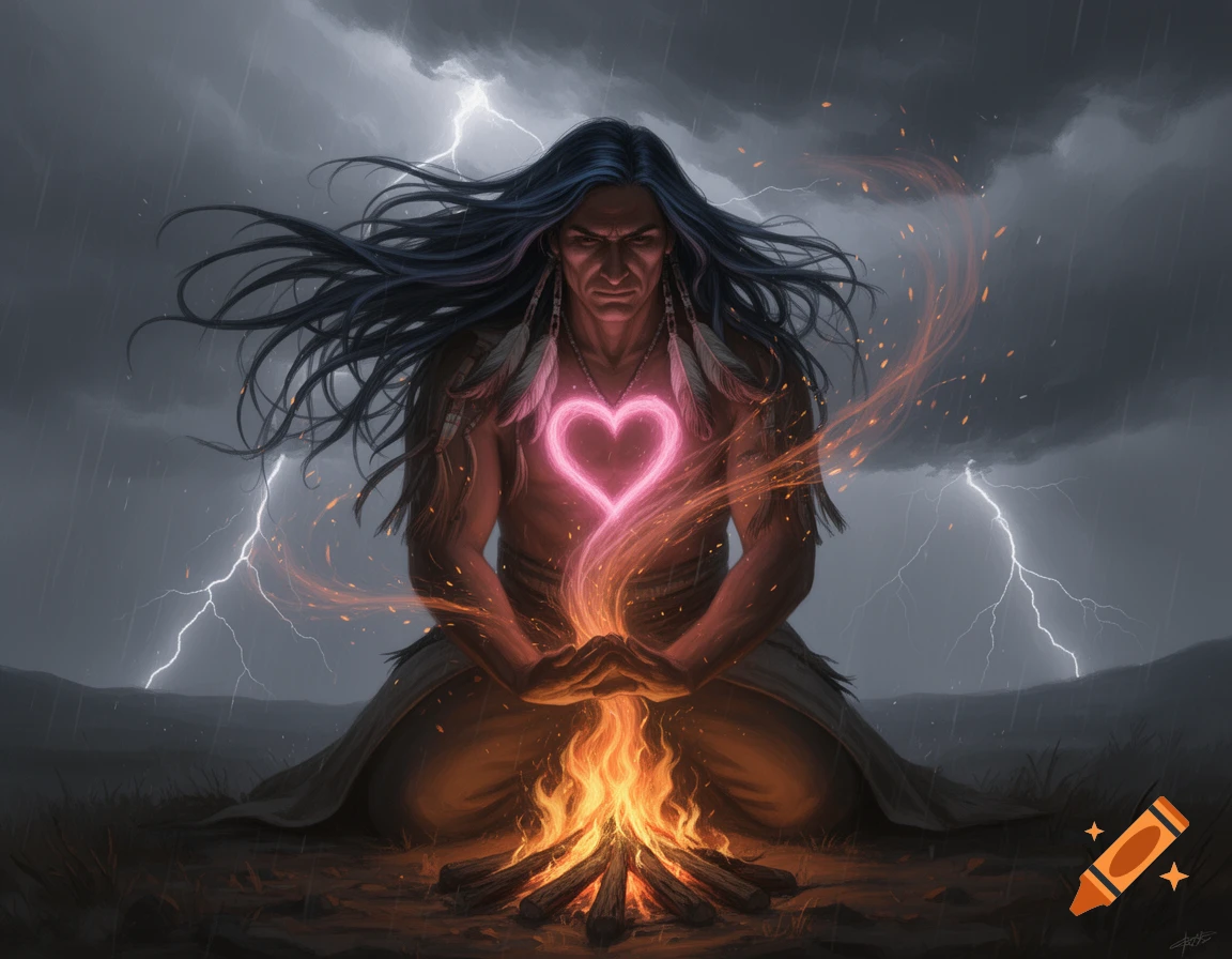 A digital painting of a Native American man kneeling over a campfire, a glowing pink heart on his chest, with lightning in a stormy sky.