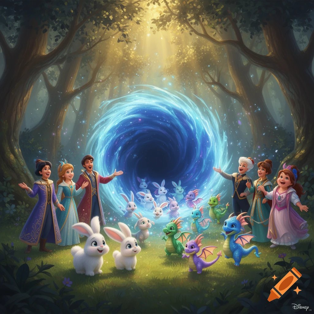 Disney-like characters, cute bunnies, and colorful dragons stand in an enchanted forest, gazing at a glowing blue interdimensional portal.