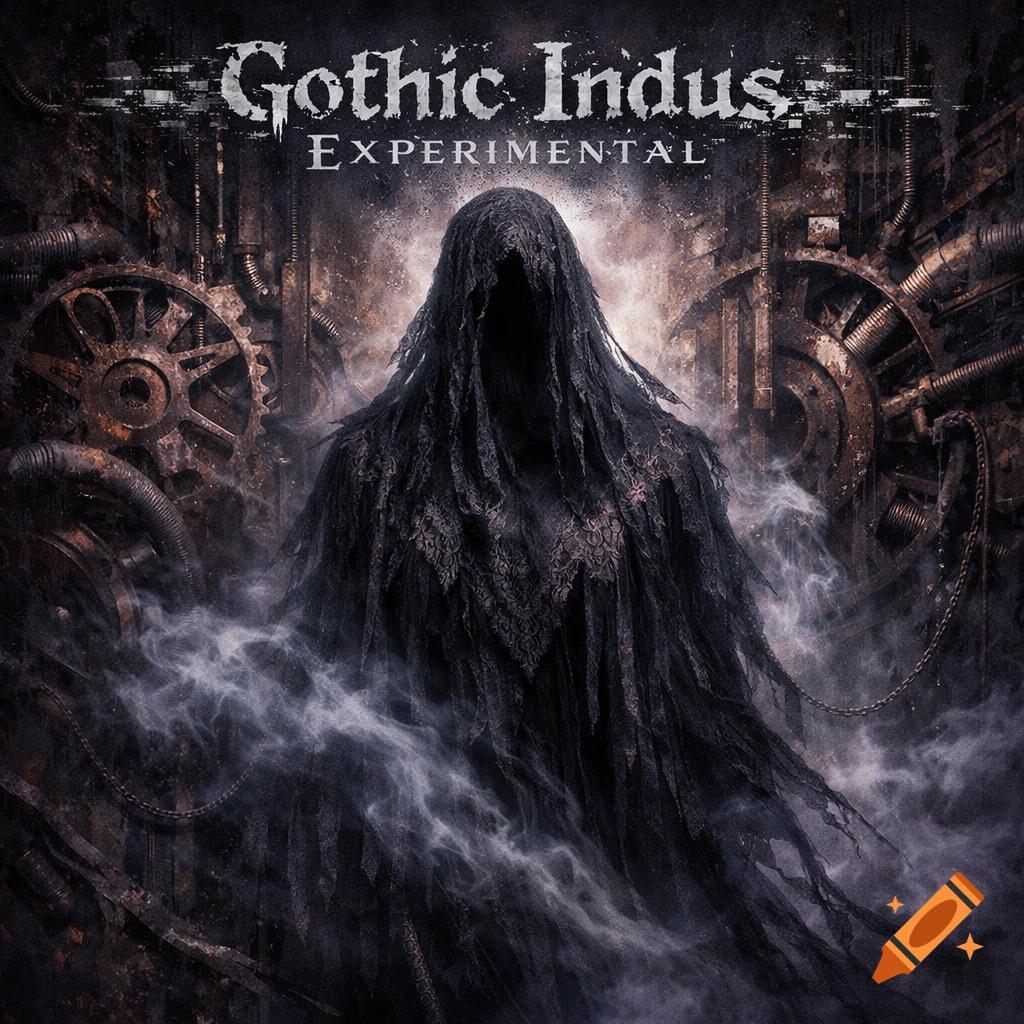 A dark, hooded figure in a gothic cloak shrouded in smoke, stands before rusty industrial gears with 'Gothic Indus EXPERIMENTAL' text.
