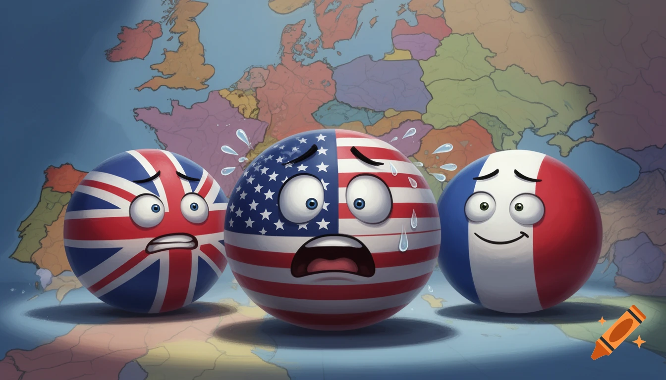 Cartoon countryballs of the UK and US look scared and sweaty, while France smiles subtly, all depicted on a map of Europe.