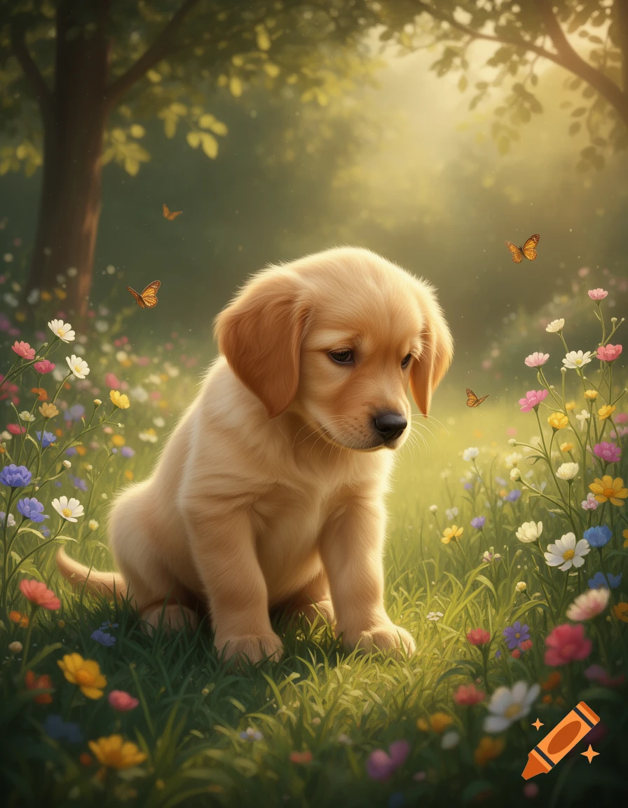 A golden retriever puppy sits thoughtfully in a sunlit meadow filled with colorful wildflowers and butterflies.