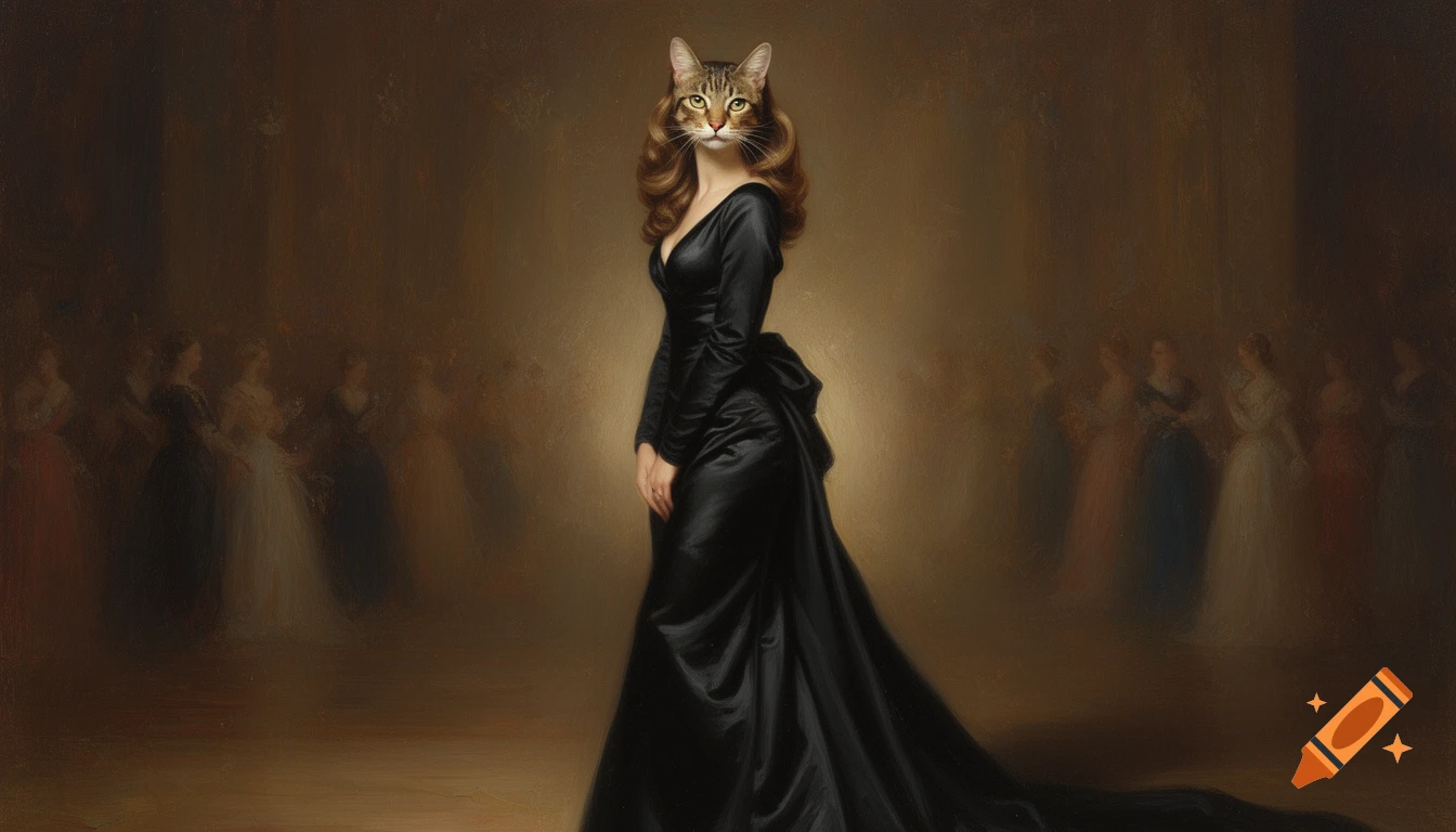 A surreal oil painting of a cat-headed woman in a black gown, with blurred figures in the background.