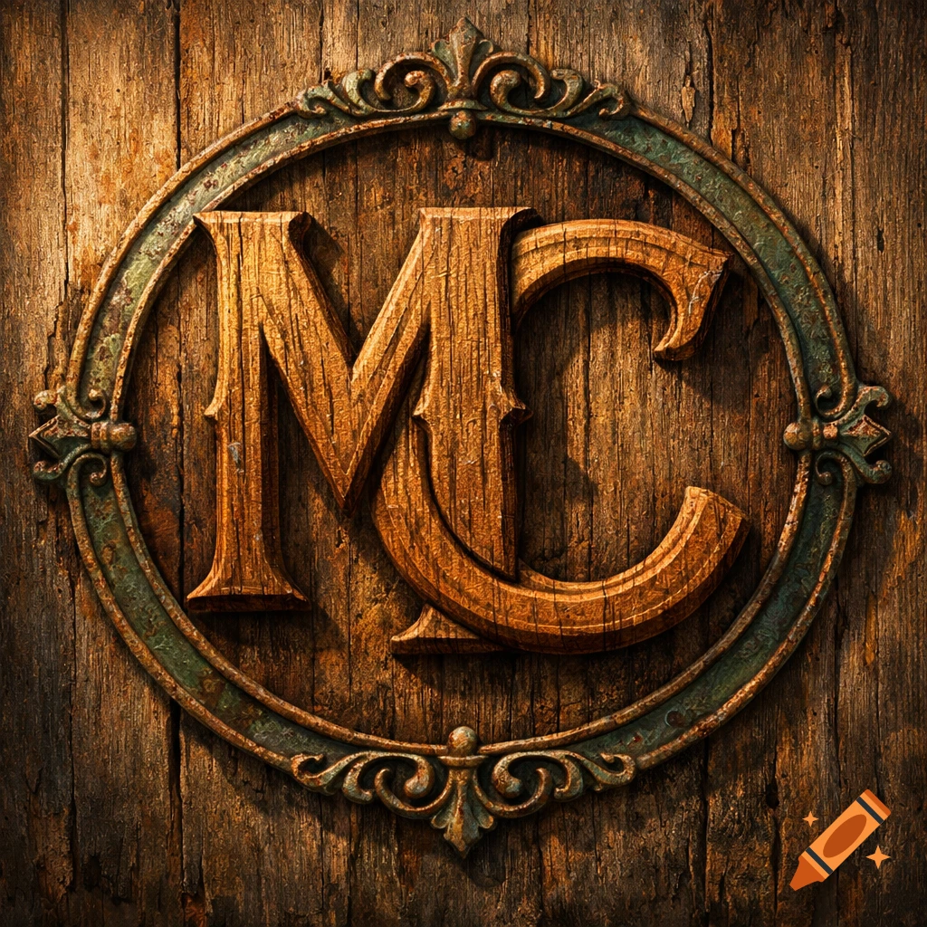 Stylized wooden letters "M" and "C" within an ornate rustic metal frame, set against a distressed wooden background.