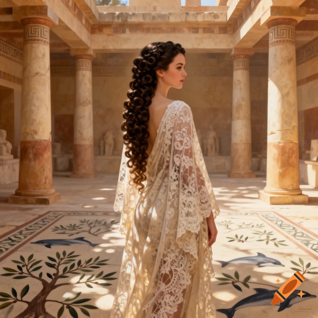 A woman with long, elaborate curly hair and a sheer lace gown stands in an ancient Minoan-style courtyard with columns and a floor patterned with dolphins and olive trees.