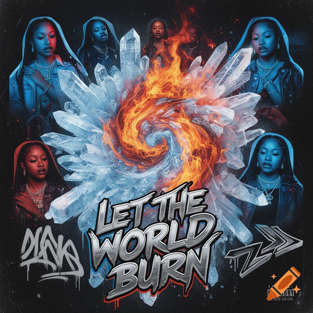Album cover collage featuring multiple images of rapper Ice Spice, surrounded by ice crystals and swirling fire, with "LET THE WORLD BURN" in stylized text, and a parental advisory label.