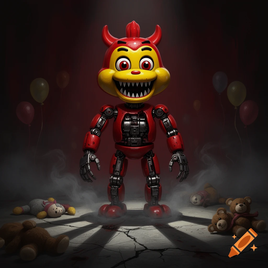 A creepy red and yellow animatronic with sharp teeth stands over discarded teddy bears and blood stains in a dark, smoky room with balloons.