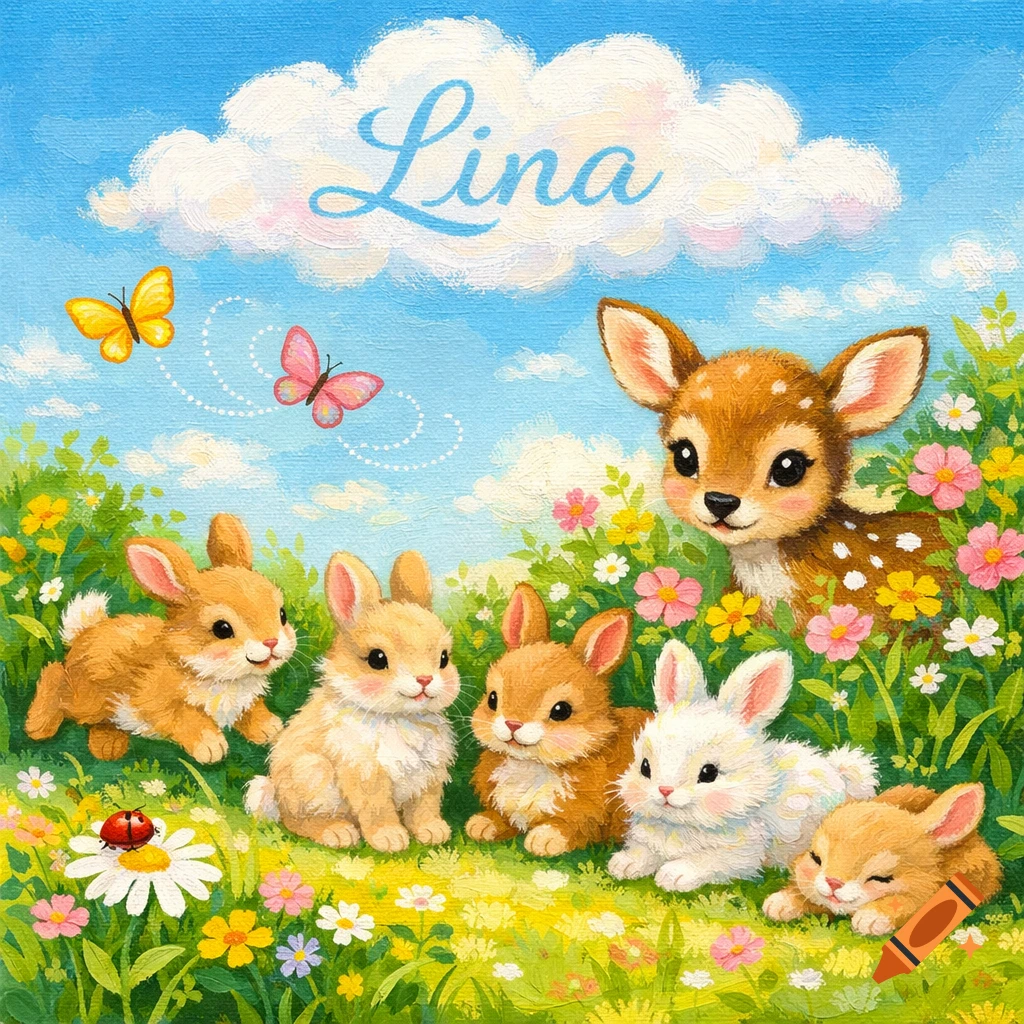 A vibrant acrylic painting of a fawn, five bunnies, and butterflies in a field of flowers under a blue sky with "Lina" written on a cloud.