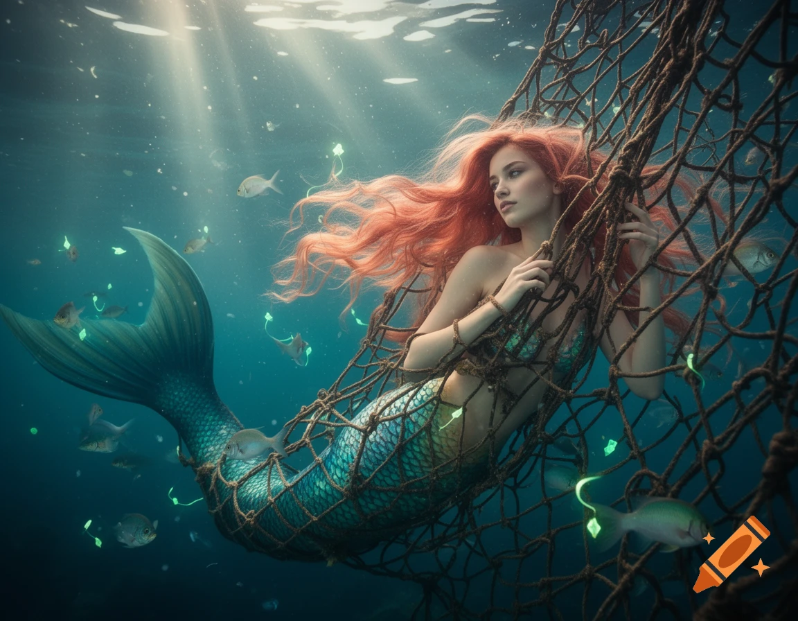 A red-haired mermaid caught in a fishing net underwater, with light rays shining through the deep blue ocean and small fish.