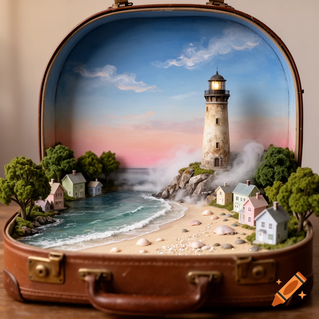 A miniature diorama inside an open brown suitcase depicts a serene coastal landscape with a lighthouse, small houses, sandy beach, and ocean waves under a pastel sky.
